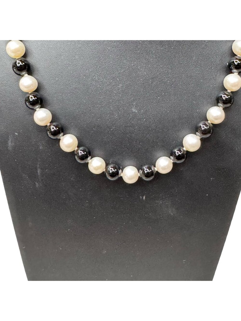 Vintage Black Onyx & White Pearl Bead Necklace 925 Sterling Silver Clasp 20" Lon